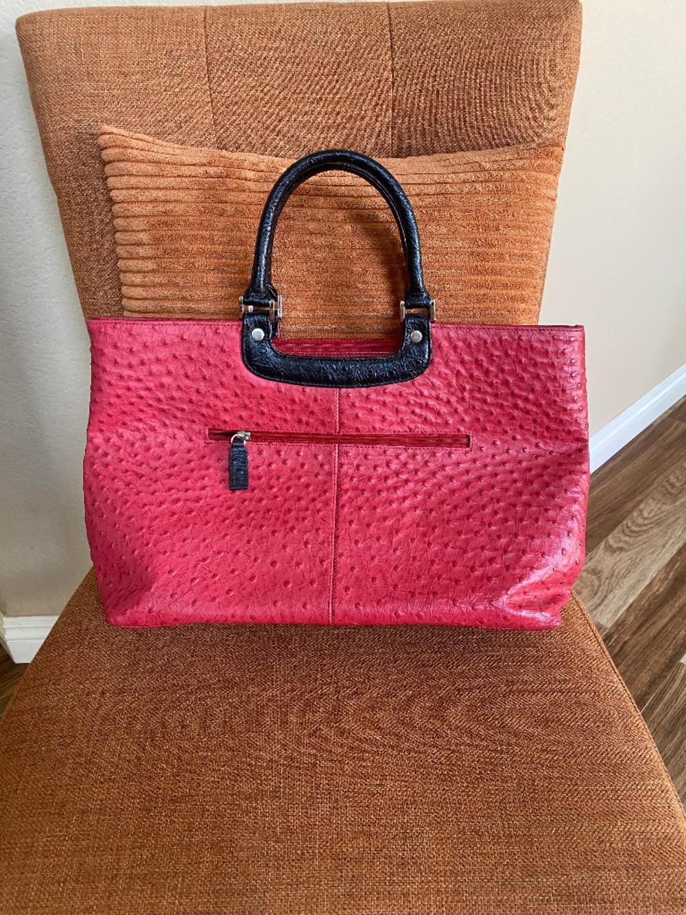ST. HONORÉ PARIS Ostrich Embossed Large Zip Top Tote Bag - Bold Red & Black